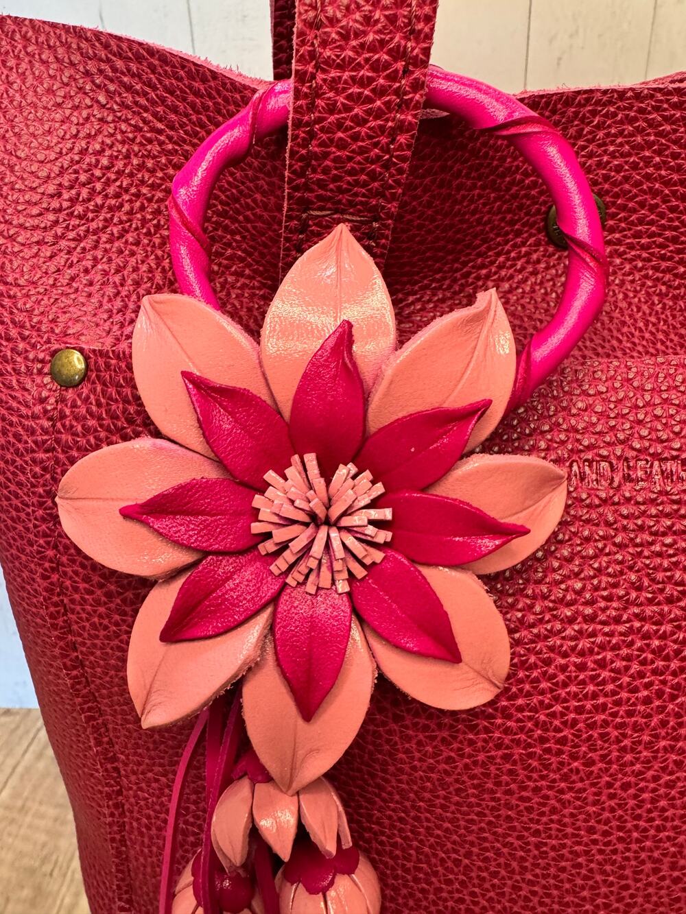Leather Pink Daisy Purse Charm Genuine Leather Gerbera Daisy Flower Bag Charm